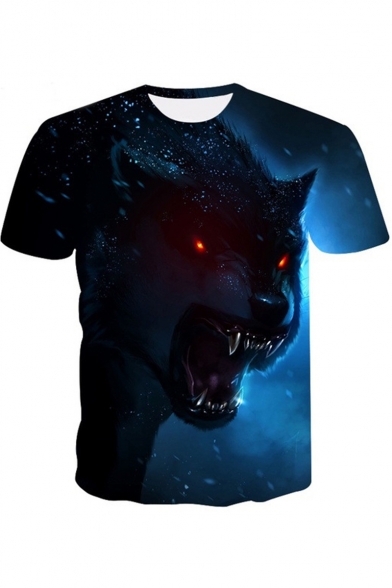 Men's Hot Popular 3D Red Eyes Wolf Printed Basic Round Neck Short Sleeve Casual Dark Blue T-Shirt