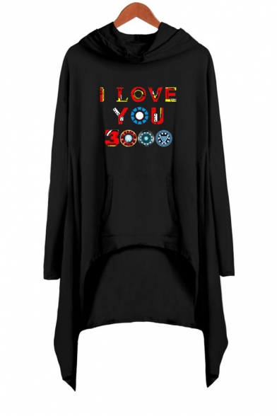 New Popular Long Sleeve Hooded Colorful Letter I Love You 3000 Casual Asymmetrical Dress