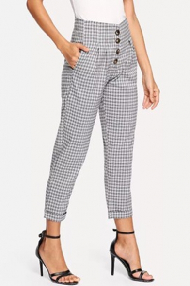 New Stylish Grey Plaid Printed Button-Fly Capri Pants for Women
