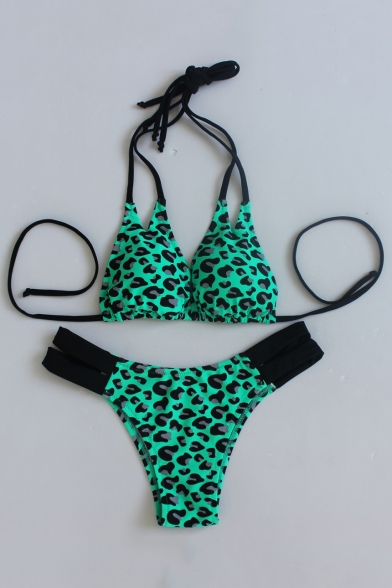 New Stylish Leopard Printed Halter Neck Hollow Out Bikini