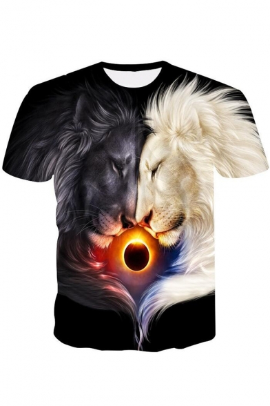 New Trendy Cool 3D Lion Printed Basic Round Neck Short Sleeve T-Shirt
