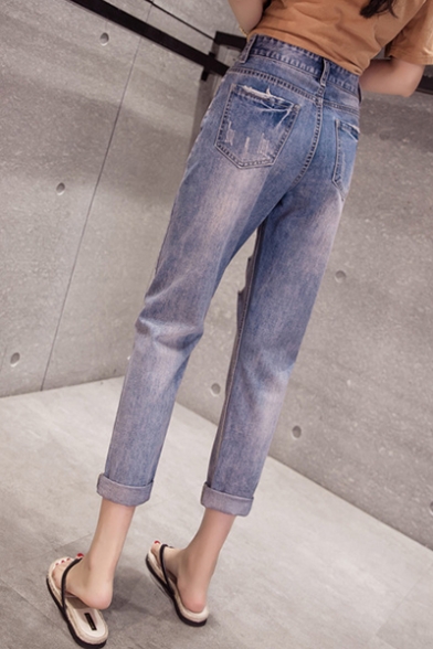 New Trendy Destroyed Ripped Vintage Washed Straight Fit Ankle Jeans for Women