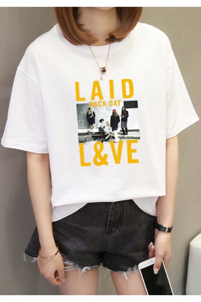 New Trendy LAID L&VE Letter Figure Pattern Round Neck Short Sleeves Casual Cotton Graphic T-Shirt
