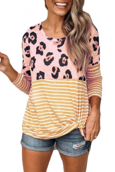 New Trendy Leopard Striped Round Neck Long Sleeve Tied Hem Loose Fit T-Shirt