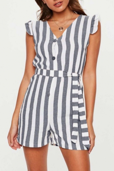 New Trendy Vertical Stripe Ruffled Hem V-Neck Button Front Tied Front Womens Casual Romper Playsuit