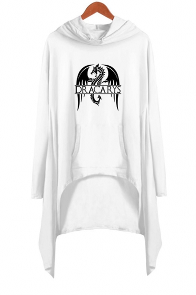 Popular Dragon Dracarys Printed Long Sleeve Hooded Shift Asymmetrical Dress