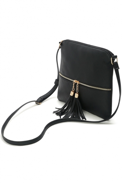Simple Solid Color Tassel Zipper Embellishment Crossbody Bag 24*23 CM