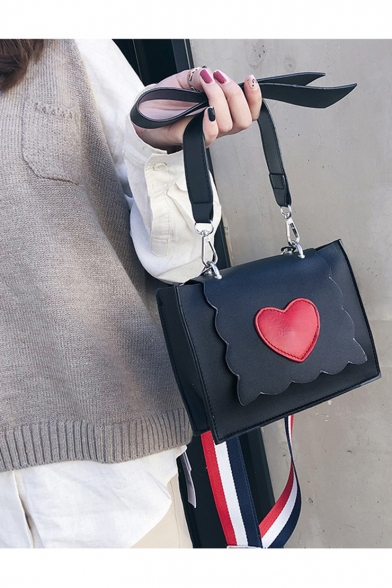 Stylish Red Heart Patched Bow Handle Striped Strap Crossbody Shoulder Bag 18*6*14 CM
