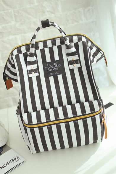 Stylish Stripe Printed Letter Patched Canvas School Bag Satchel Backpack 26*16*41 CM