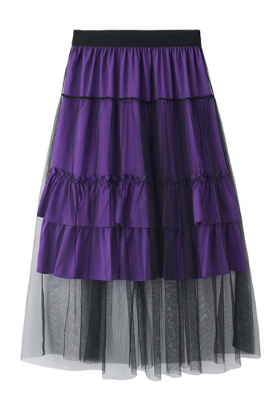 Summer Chic Layered Mesh Panel Elastic Waist Ruffled Midi A-Line Skirt
