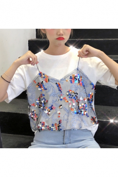 Summer Girls Unique Sequined Cami Patched Fake Two-Piece Short Sleeve T-Shirt