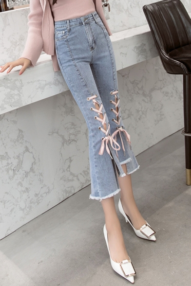 Summer New Fashion Lace-Up Raw Edge Blue Flared Jeans Capri Jeans for Women