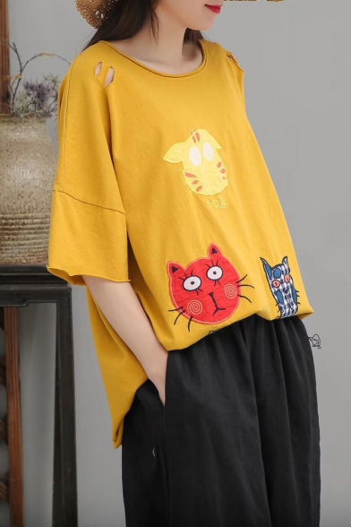 Summer Cartoon Cat Printed Embroidered Half Sleeve Round Neck Cotton T-Shirt For Women