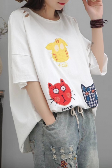 Summer Cartoon Cat Printed Embroidered Half Sleeve Round Neck Cotton T-Shirt For Women
