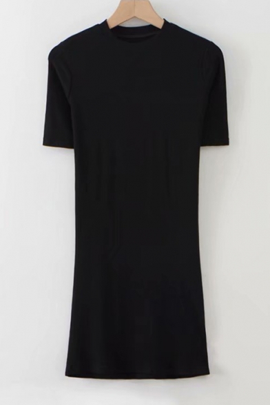 Summer Simple Plain Crewneck Short Sleeve Stretch Fit Mini Bodycon Knit Dress