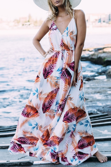Summer Trendy Tropical Leaf Printed V-Neck Tied Waist Maxi Bohemian Beach Dress Slip Dress