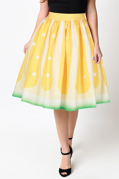 Summer Vintage Fashion Yellow Lemon Ombre Color Trendy Midi Swing Skirt