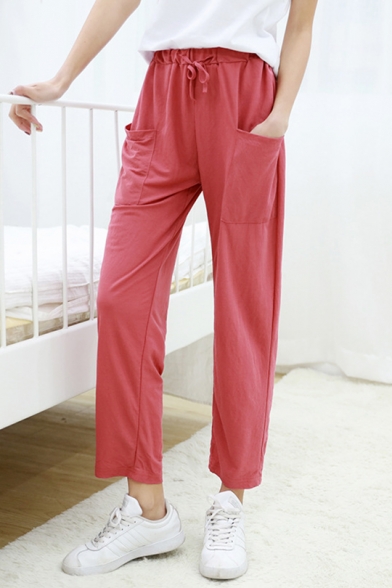 Summer Women's Comfort Linen Solid Color Drawstring Waist Casual Loose Lounge Pants