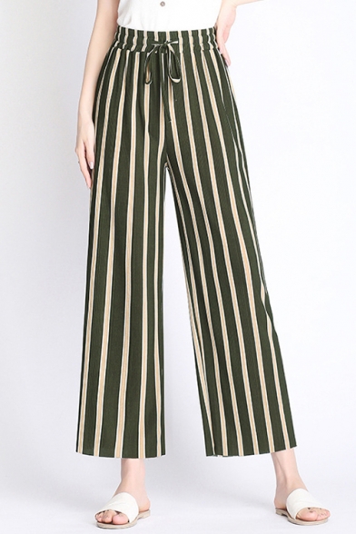 Summer Womens Holiday Fashion Vertical Stripe Printed Tied Front Culottes Wide Leg Pants