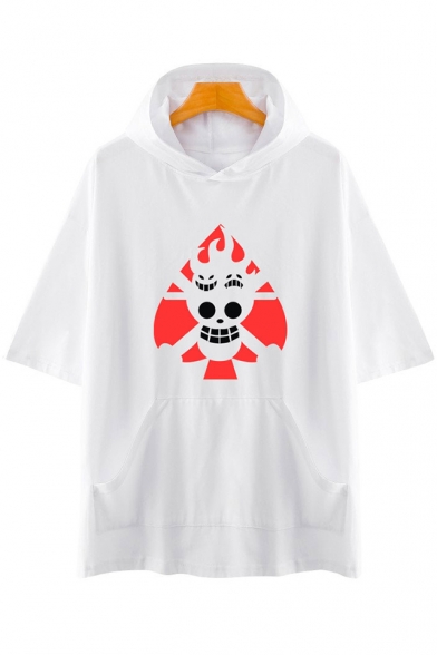 Trendy Comic Fire Skull Printed Loose Casual Short Sleeve Hooded T-Shirt