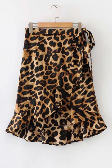 Trendy Khaki Leopard Printed Tied Waist Ruffled Hem Wrap Around Skirt