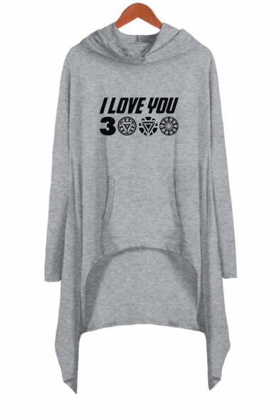 Unique Letter I Love You 3000 Long Sleeve Asymmetrical Casual Loose Hooded Dress