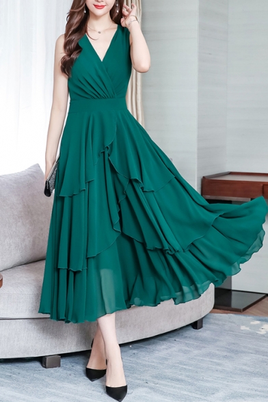 Women's Boho Style Sleeveless V Neck Plain Maxi A-Line Chiffon Dress