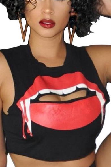Women's Cool Fashion Big Lip Printed Black Cropped Tank Top