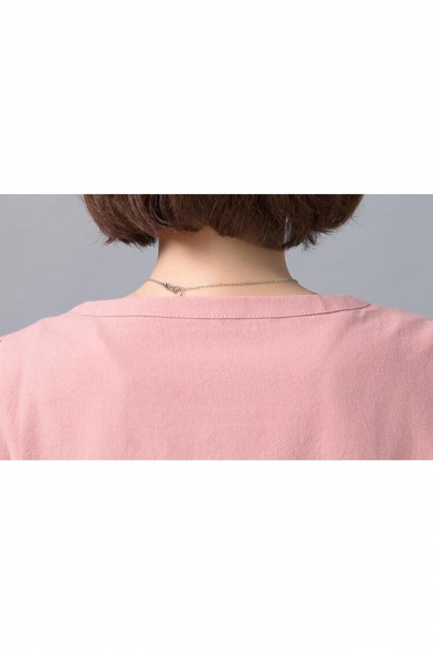 Women's Fashion Embroidered Round Neck Short Sleeve Cotton Button T-Shirt