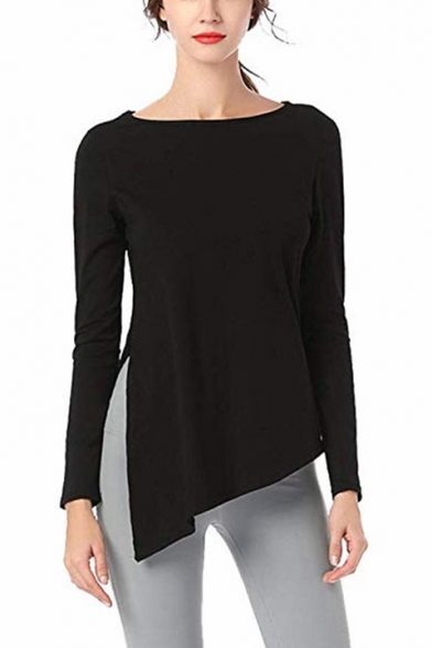 Women's Fashion Round Neck Long Sleeve Plain Split side irregular T-Shirt