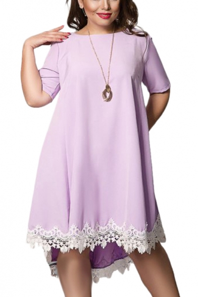 Women's Fashion Round Neck Short Sleeve Mini Lace Hem T-Shirt Swing Dress