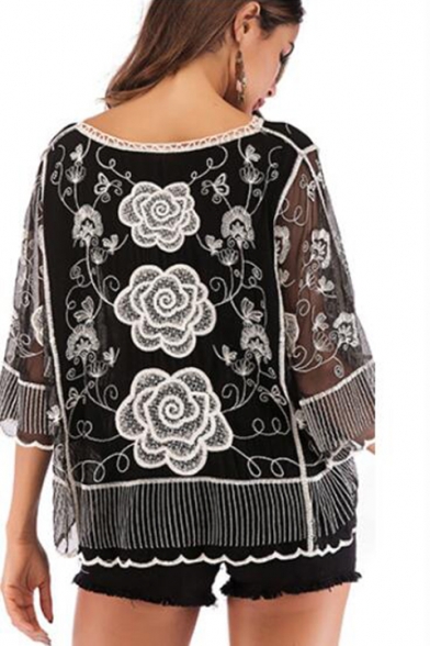 Women's Floral Print 3/4 Length Sleeve Round Neck Embroidered Black T-Shirt