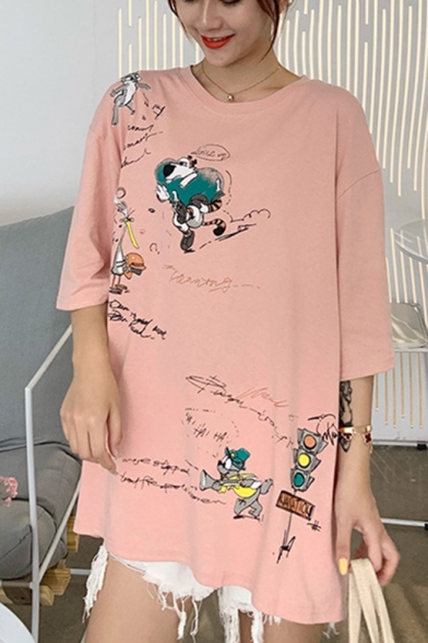 Women's Funny Cartoon Printed Letter Round Neck Half Sleeve Loose Oversized Graphic T-Shirt