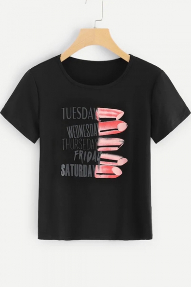 Women's Funny TUESDAY WEDNESDAY Letter Lipstick Print Round Neck Short Sleeves Summer Graphic Tee