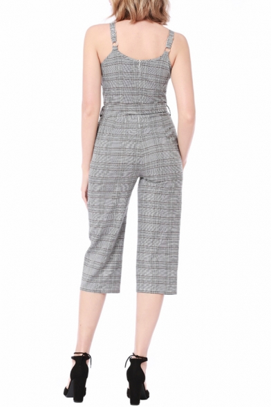 Women's Hot Fashion Grey Stripes Print V-Neck Spaghetti Straps Bow-Tied Waist Jumpsuits