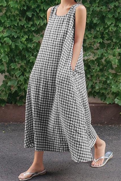 Women's Hot Fashion Plaids Print Scoop Neck Sleeveless Loose Maxi Dress With Pockets