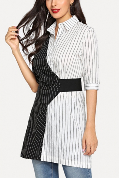 Women S Half Sleeve Collared Color Block Striped Printed Mini Shirt Black And White Dress Beautifulhalo Com
