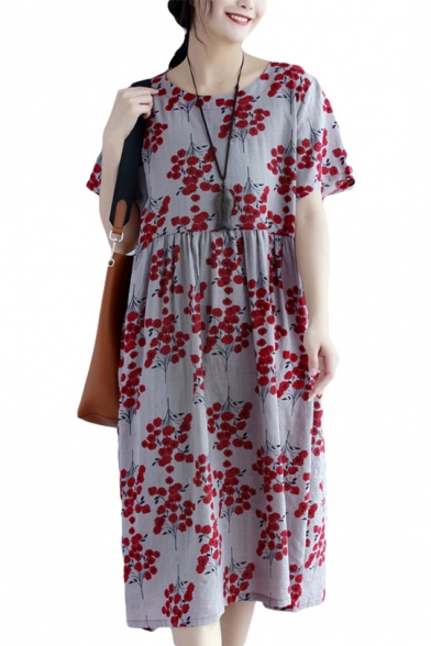 Women's New Floral Printed Round Neck Short Sleeve Loose Midi Cotton Swing Dress