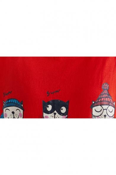 Women's Plus Size Cute Cartoon Cat Face Printed Cutout Relaxed T-Shirt