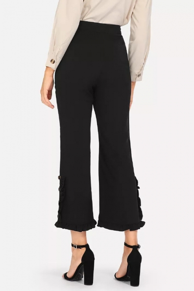 Women's Simple Solid Color High Rise Unique Ruffled Cuff Flare Pants