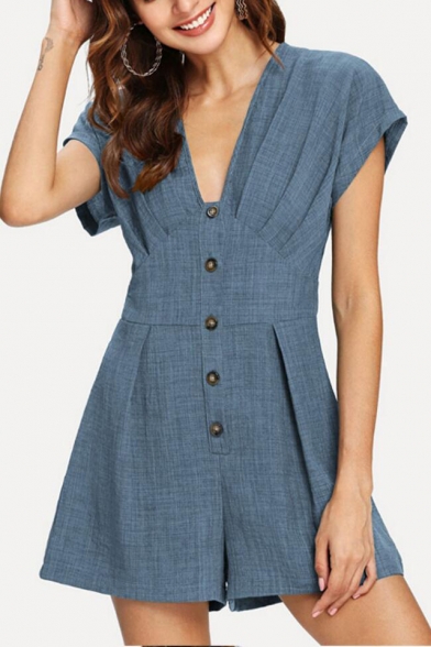 Women's Summer Simple Plain V-Neck Short Sleeve Button Front Casual Rompers
