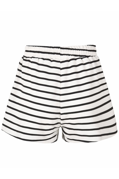 Women's Summer Stylish White Striped Print Drawcord Waist Slit Side Lounge Shorts