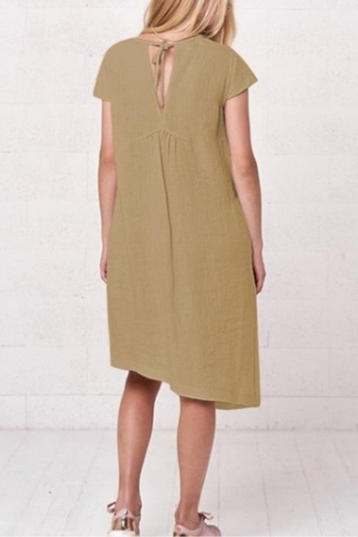Women's Summer Trendy Plain Printed Round Neck Short Sleeve Button Detail Asymmetric Hem Linen Dress