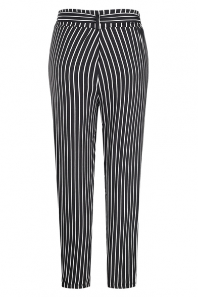 Women's Trendy Vertical Stripe Pattern Tied Waist Casual Pants