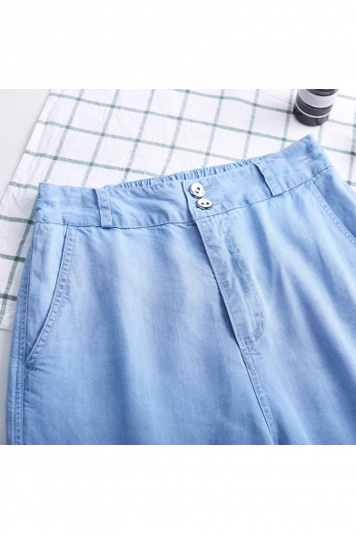 Women's Vintage Blue High Waist Solid Color Loose Fit Wide-Leg Jeans