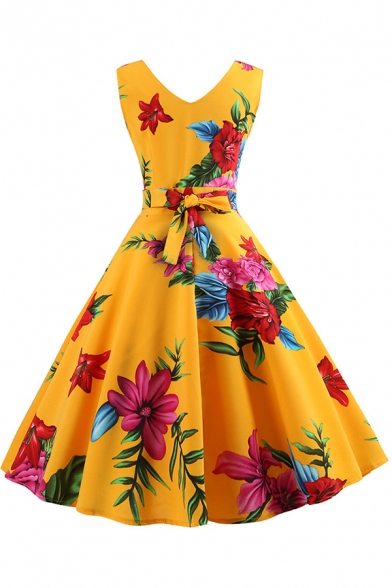 Women's Vintage Floral Pattern Sleeveless V-Neck Midi A-Line Yellow Dress