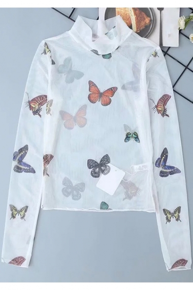 Womens Allover Butterfly Angel Baby Printed High Neck Long Sleeve Mesh T-Shirt