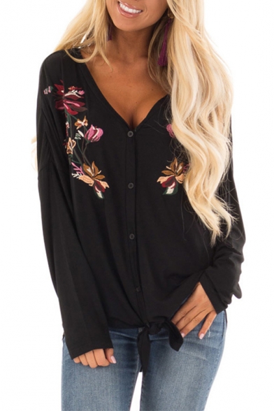 Womens Chic Floral Embroidery Long Sleeve V-Neck Tied Hem Button Down Black T-Shirt