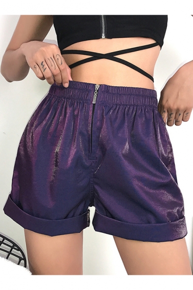 Womens Cool Metallic Purple Nightclub Zipper Fly Loose Fit Club Shorts