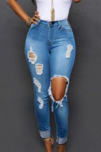 Womens New Fashion Distressed Ripped Big Hole Knee Rolled Cuff Skinny Fit Blue Jeans